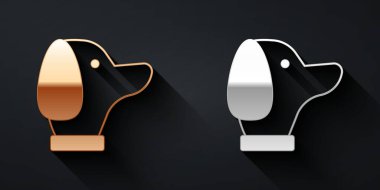 Siyah arkaplanda altın ve gümüş köpek simgesi var. Uzun gölge tarzı. Vektör.