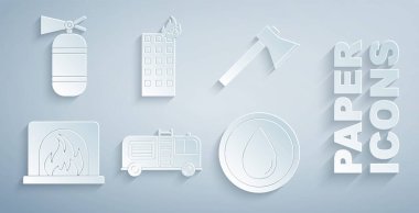 İtfaiye aracı baltası iç şömine suyu yanan binaya ve yangın söndürme ikonuna dökülsün. Vektör.