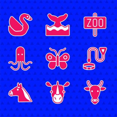 Kelebek Gergedan Tasması 'nı At Ahtapot Hayvanat Bahçesi parkı ve Kuğu kuş ikonu isimleriyle ayarla. Vektör.