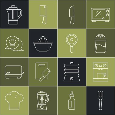Fork Coffee makinesini, Salt Knife Citrus Meyve Suyu Meyve Suyu, Şef 'in konuşma balonu çaydanlığı ve kızartma tavası ikonu olarak ayarla. Vektör.