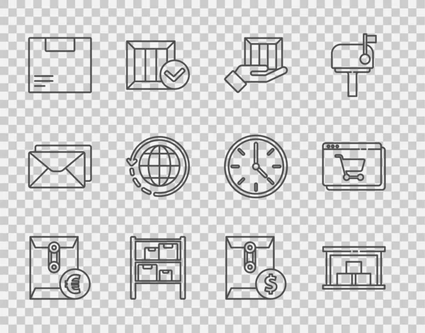 Set Line Sobres Con Símbolo Euro Almacén Cajas Mano Entrega — Archivo Imágenes Vectoriales