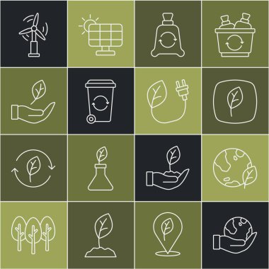 Hat El, Dünya Yaprağı Yaprak Çevre Sembolü Çöp Torbası Geri Dönüşüm Çöp Torbası, Rüzgar Türbini ve Elektrik Tasarruf Simgesi. Vektör.