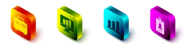 Set Isometrische Aktentasche Monitor Mit Diagrammdiagramm Tortendiagramm Infografik Und Identifikationsabzeichen — Stockvektor