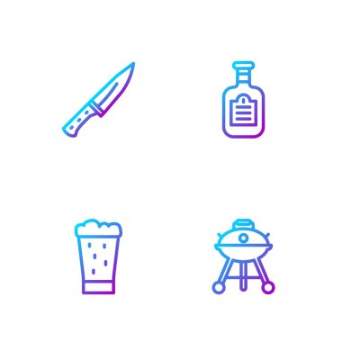 Barbekü ızgarası, bir bardak bira, et dilimi ve sos şişesi. Renk simgeleri. Vektör.