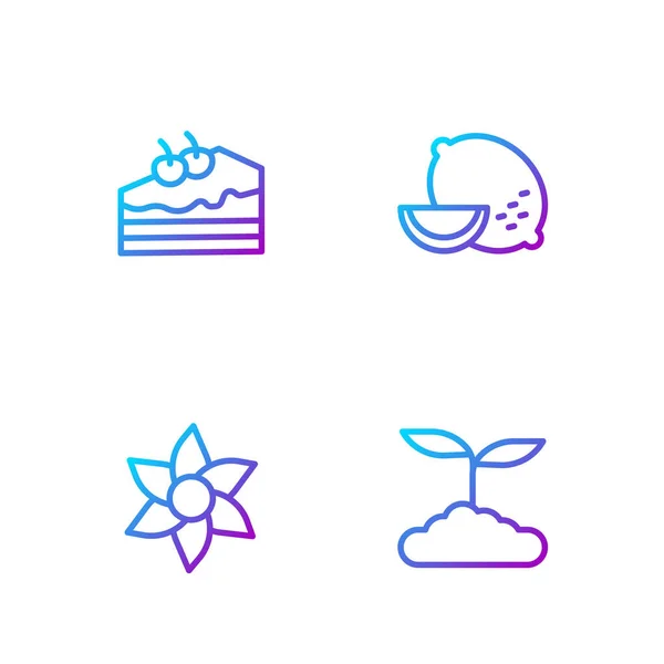 Set Linie Teeblatt Blume Stück Kuchen Und Zitrone Farbverlauf Symbole — Stockvektor