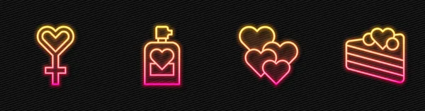 设置线心形女性象征香水和结婚蛋糕 发光的霓虹灯图标 — 图库矢量图片
