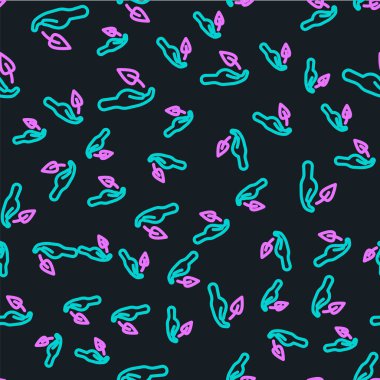 Çevre koruma ikonunun elindeki çizgi filizi siyah arka planda izole edilmiş pürüzsüz desen. Tohum ve tohum. Fidan dikiyorum. Ekoloji konsepti. Vektör.