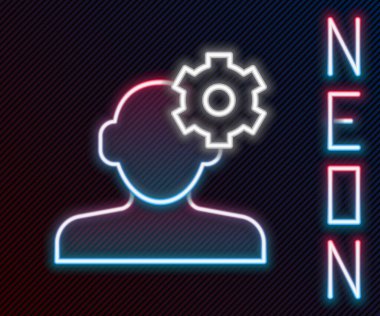 Siyah zemin üzerinde izole edilmiş psikoloji ikonundaki soruna parlayan neon hattı çözümü. Akıl sağlığı terapisi. Renkli taslak konsepti. Vektör.