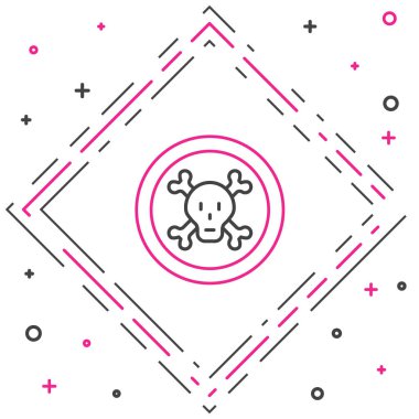 Çizgi kemikleri ve kafatası, beyaz arka planda izole edilmiş toksik uyarı ikonu olarak görülüyor. Renkli taslak konsepti. Vektör.