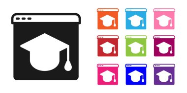 Siyah Çevrimiçi Eğitim ve mezuniyet ikonu beyaz arka planda izole edildi. İnternetteki öğretmen monitörde. Giyinme ve video semineri öğrenme. Simgeleri renklendirin. Vektör.