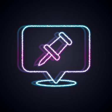 Parlayan neon çizgisi siyah arkaplanda Push pin simgesi izole edildi. Raptiye işareti. Vektör.