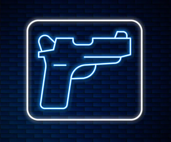 Parlayan Neon Hattı Pistol Silah Ikonu Tuğla Duvar Arkasında Izole — Stok Vektör
