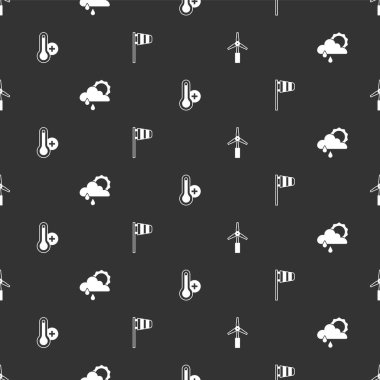 Rüzgâr türbini, yağmurlu ve güneşli bulut, Meteoroloji termometresi ve rüzgâr fırıldağını pürüzsüz bir şablona ayarlayın. Vektör.