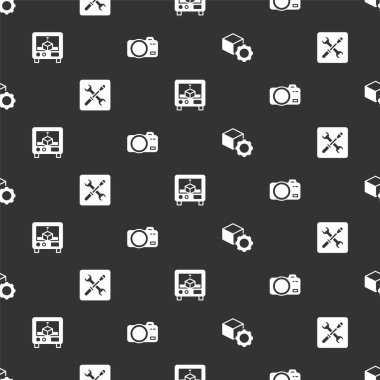 Isometric küp, 3D yazıcı ayarları ve fotoğraf makinesini kusursuz desen üzerine ayarla. Vektör.