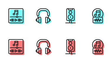 Stereo hoparlörü, müzik çalar, kulaklık ve nota, ton simgesi ayarla. Vektör.