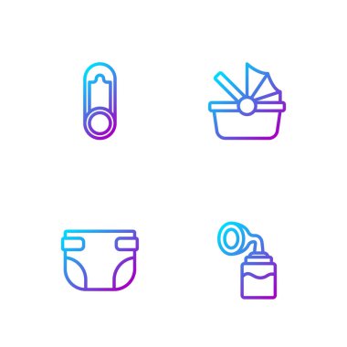 Göğüs pompası, bebek bezi, iğne ve bebek arabası ayarlayın. Renk simgeleri. Vektör.