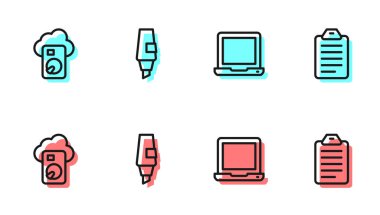 Dizüstü Bilgisayar Bulutu Veritabanı İşaretleyici kalemini ve yapılacaklar listesi veya planlama simgesini ayarla. Vektör.