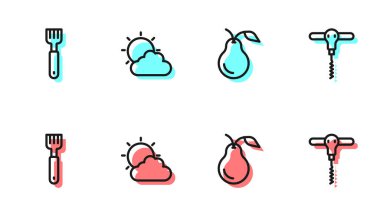 Pear Fork Sun 'ı, bulut havasını ve şarap tirbuşonu simgesini ayarla. Vektör.