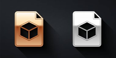 Altın ve gümüş Isometric küp dosya simgesi siyah arkaplanda izole edildi. Geometrik küp katı simge. 3 boyutlu kare işareti. Kutu sembolü. Uzun gölge tarzı. Vektör.