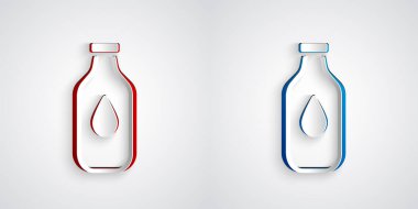 Kağıt kesiği, gri arkaplanda izole edilmiş bir şişe su ikonu. Soda su içme tabelası. Kağıt sanatı tarzı. Vektör.