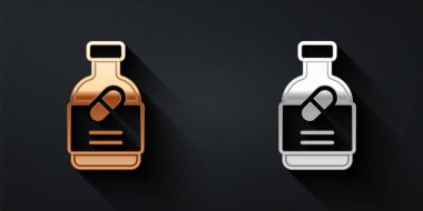 Altın ve gümüş ilaç şişesi ve siyah arka planda izole edilmiş hap ikonu. Şişe hapı işareti. Eczane tasarımı. Uzun gölge tarzı. Vektör.