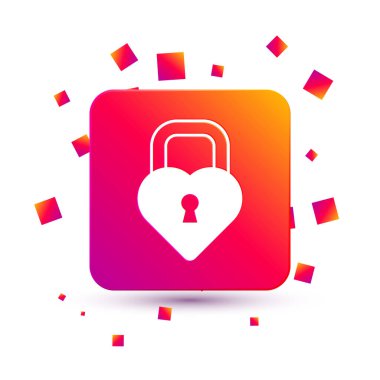 Beyaz arka planda izole edilmiş kalp ikonu şeklinde bir Beyaz Kale. Kilitli Kalp. Aşk sembolü ve anahtar deliği işareti. Kare renk düğmesi. Vektör.