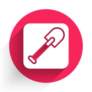 Beyaz Kürek simgesi uzun gölge arkaplanı ile izole edildi. Bahçe aletleri. Bahçecilik, tarım, çiftçilik aleti. Kırmızı daire düğmesi. Vektör.