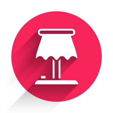 Beyaz masa lambası simgesi uzun gölge arkaplanı ile izole edildi. Kırmızı daire düğmesi. Vektör.