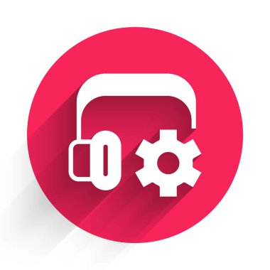 Ayarları olan beyaz kulaklıklar uzun gölgeli arka plan izole edilmiş. Müşteri hizmetleri, yardım hattı, çağrı merkezi, faq, bakım. Kırmızı daire düğmesi. Vektör.