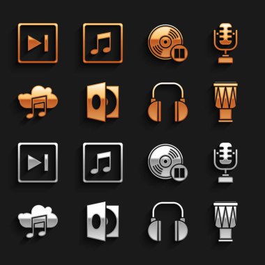 Vinil çalıcıyı vinil disk mikrofon davul kulaklığı ile ayarla müzik akış servisi hızlı ileri ve ton simgesini not al. Vektör.