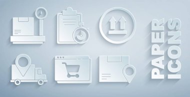 Çevrimiçi alışverişi ekrandan Ayarlayın Bu tarafta Sevkiyat izleme konumu karton kutu doğrulaması ile dağıtım listesi panosu ve ölçek simgesi. Vektör.