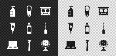 Ayaklar için krem ya da losyon kozmetik sünger tozu ayna fırçası, yuvarlak makyaj malzemesi ve sprey saç spreyi ikonu. Vektör.