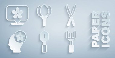 Kürek Bahçıvanlığı el yapımı makası tırmık çiçeği lalesi ve konum simgesi içinde insan kafası ile ayarla. Vektör.