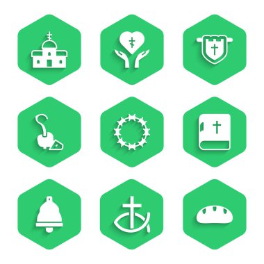 Dikenli taç, Hıristiyan balığı ekmek, kutsal İncil, kilise zili, sihirli bayrak, Hristiyan haçı ve bina ikonu. Vektör.