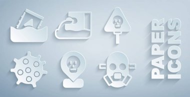 Kemikler ve kafatası bakteri gaz maskesi atık su ve atık varil ikonu konumuna radyoaktif ayarla. Vektör.