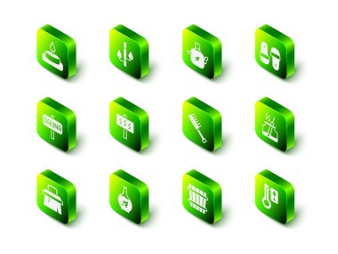 Bambu çaydanlığını yaprak Sauna terlikleri, Aroma difüzyon termometre fırça kovası ve temel yağ şişesi ikonu ile ayarla. Vektör.