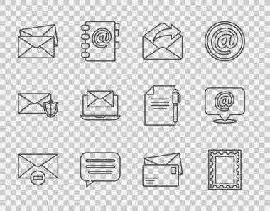 Satır Sil Zarfı Posta pulu Giden Konuşma baloncuğu sohbet Laptop ve E- posta ile konuşma simgesini değiştir. Vektör.