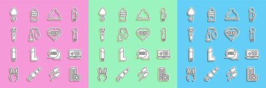 Set line Birth control pills and condom Laptop with 18 plus content Dildo vibrator Condom Penis pump Anal plug and Heart text Sex icon. Vector.