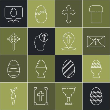 Paskalya Yumurtası 'nı Mutlu Hristiyan haçı insan başı Hristiyan konuşma balonu Paskalya ve harita işaretleyici ikonu ile ayakta duran tebrik kartına yerleştir. Vektör.