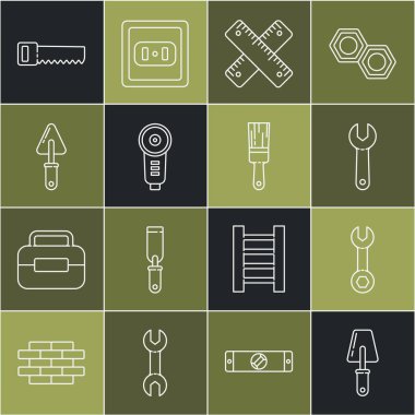 Çizgi çizgisi Trowel Anahtarı çapraz cetvel Açı Öğütücü El Testere ve Boya Fırçası ikonu. Vektör.