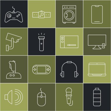 Hat Batarya şarj seviyesi göstergesi Laptop Akıllı Tv Çamaşır Işığı Güvenlik kamerası Gamepad ve Grafik tablet simgesini ayarlayın. Vektör.