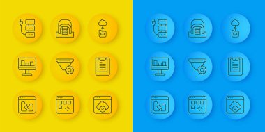 Çizgi Bozuk Dosya İzleyicisini grafik grafiği filtresi ile ayarla. Bulut teknolojisi veri transfer sunucusu raporu ve Hangar sunucu simgesi ayarla. Vektör.