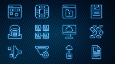 Hiyerarşi organogram çizelgesini kayıp veri akışını sunucularla birlikte Cloud teknolojisi transferi ve işlemci işlemcisi simgesi yükleyen satır dosyası veri akışını ayarla. Vektör.