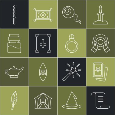 Eskiler 'in sihirli kitabı. Üç tarot kartı. Elinde iksir şişesi ve taş yüzük ikonu olan sihirli top. Vektör.