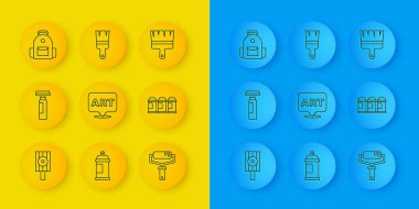 Set hattı spreyi, kepçe imleci yazım baloncuğunu yazı sanatı boyası fırça fırçası sprey sprey okul çantası ve ikon ile tıkayabilir. Vektör.