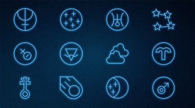 Mars 'ın çizgi sembolü Aries Zodyak Sembolü Uranüs Dünya elementi Venüs Neptün gezegeni Bulutlu hava ve Dolunay ikonu. Vektör.