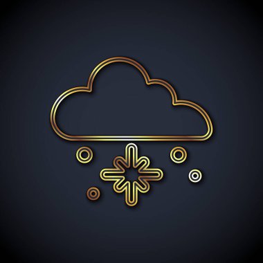 Siyah arkaplanda kar ikonu olan altın çizgi bulutu. Kar taneli bulut. Tek hava ikonu. Kar tabelası. Vektör.