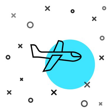 Siyah çizgi düzlem simgesi beyaz arkaplanda izole edildi. Uçan uçak ikonu. Uçak tabelası. Rastgele dinamik şekiller. Vektör.