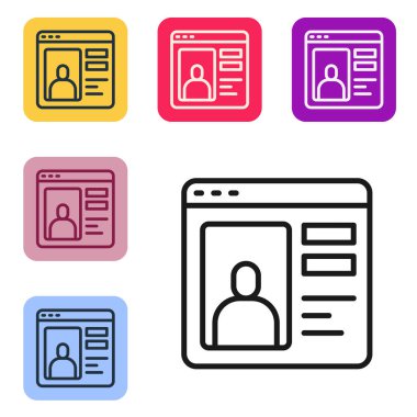 Siyah Satır Randevu uygulaması beyaz arkaplanda izole edilmiş dizüstü bilgisayar konsept simgesi. Kadın erkek profili düz tasarım. Çift ilişki için eşleşiyor. Renkli kare düğmelerle simgeleri ayarla. Vektör.