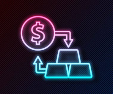Parlayan neon hattı. Siyah arka planda izole edilmiş altın döviz ikonu. Para değiştirici. Vektör.
